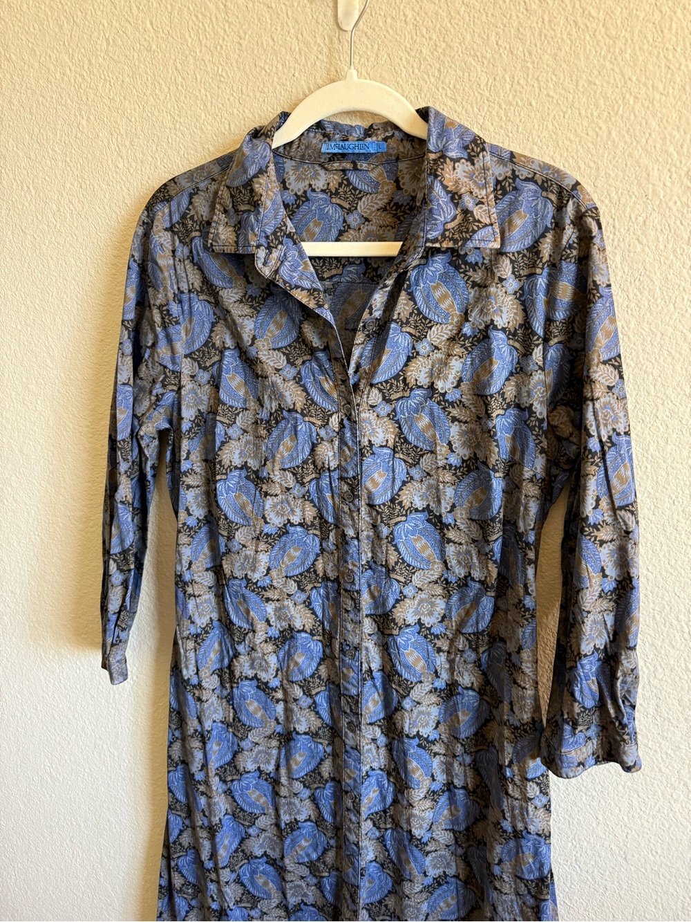 J. McLaughlin Cotton Blue Button Front Midi Shirt Dress Printed Block Print Sz L - Picture 2 of 9